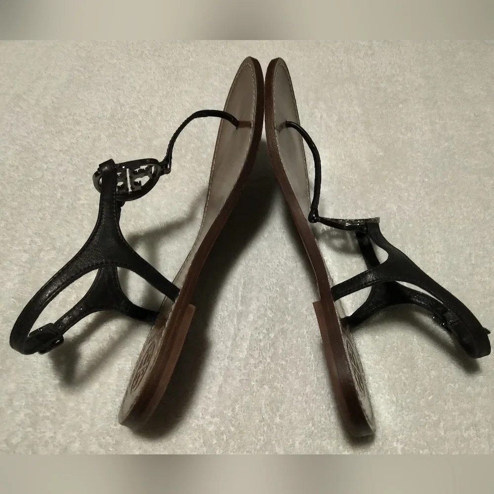 Tory Burch Black Leather Sandals with Signature Medallion